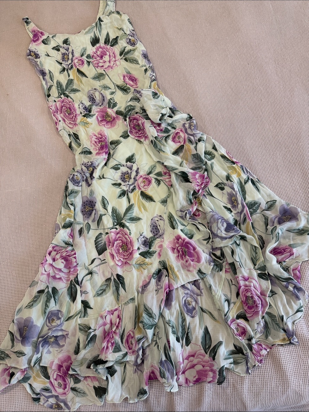 Floral Midi Dress with Lavender and Pink Roses